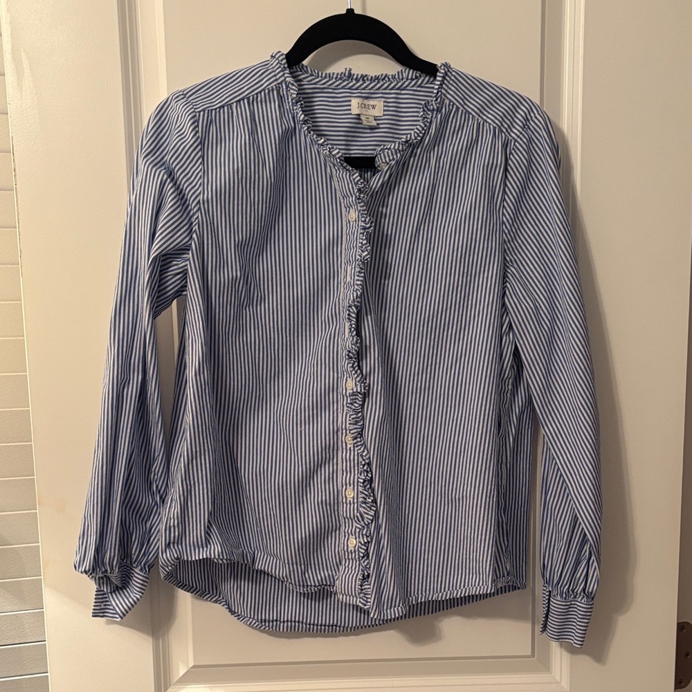J. Crew factory  Navy and White Striped ruffle Blouse